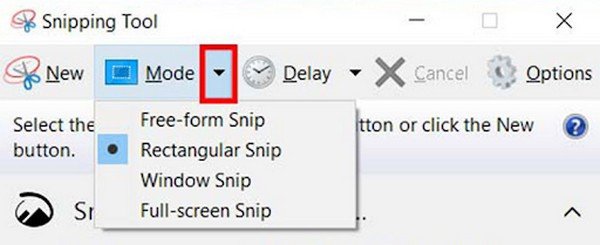Giao diện Snipping Tool với các chế độ chụp khác nhau