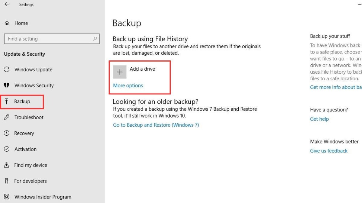Giao diện sử dụng File History để sao lưu dữ liệu trên laptop Dell