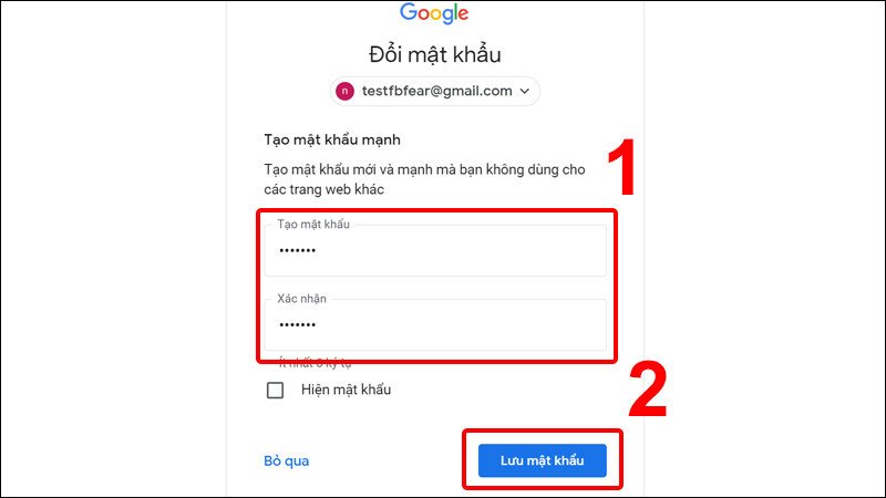 Giao diện tạo và lưu mật khẩu Gmail mới sau khi đặt lại trên laptop