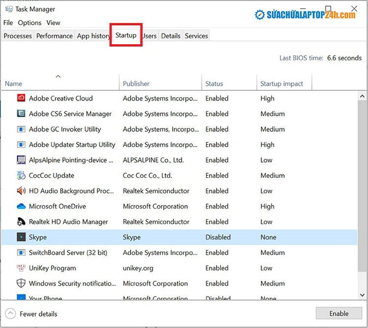 Giao diện Task Manager để quản lý các ứng dụng khởi động cùng hệ thống