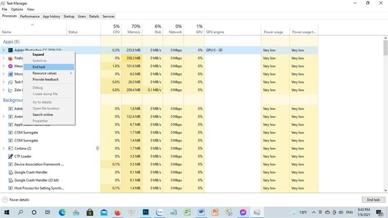 Giao diện Task Manager giúp đóng ứng dụng gây treo máy tính xách tay