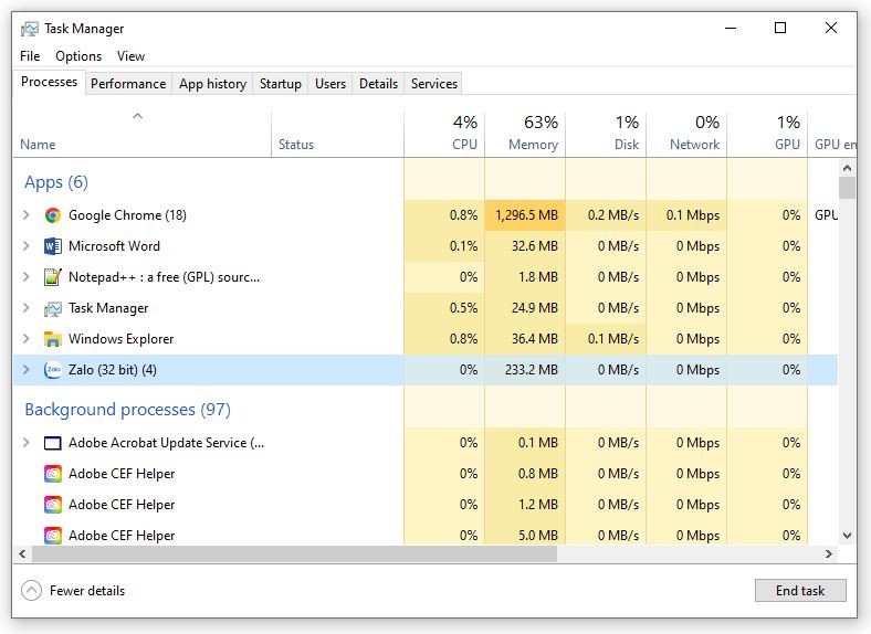 Giao diện Task Manager hiển thị các tiến trình đang hoạt động và tùy chọn kết thúc.