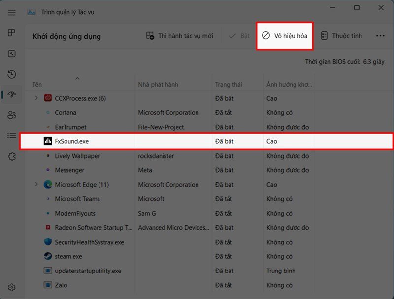 Giao diện Task Manager hiển thị các ứng dụng khởi động