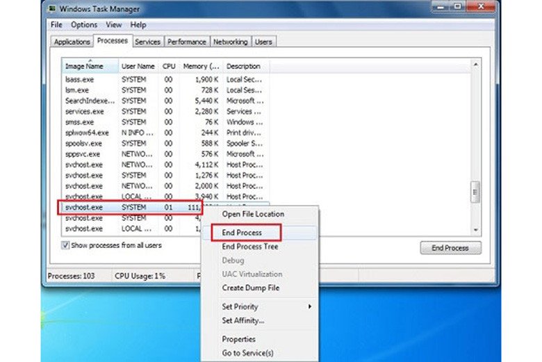 Giao diện Task Manager trên Windows 7 hiển thị các tiến trình