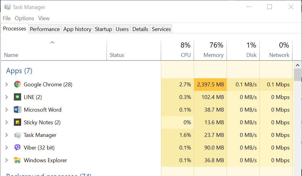 Giao diện Task Manager trên Windows hiển thị mức sử dụng CPU của các ứng dụng