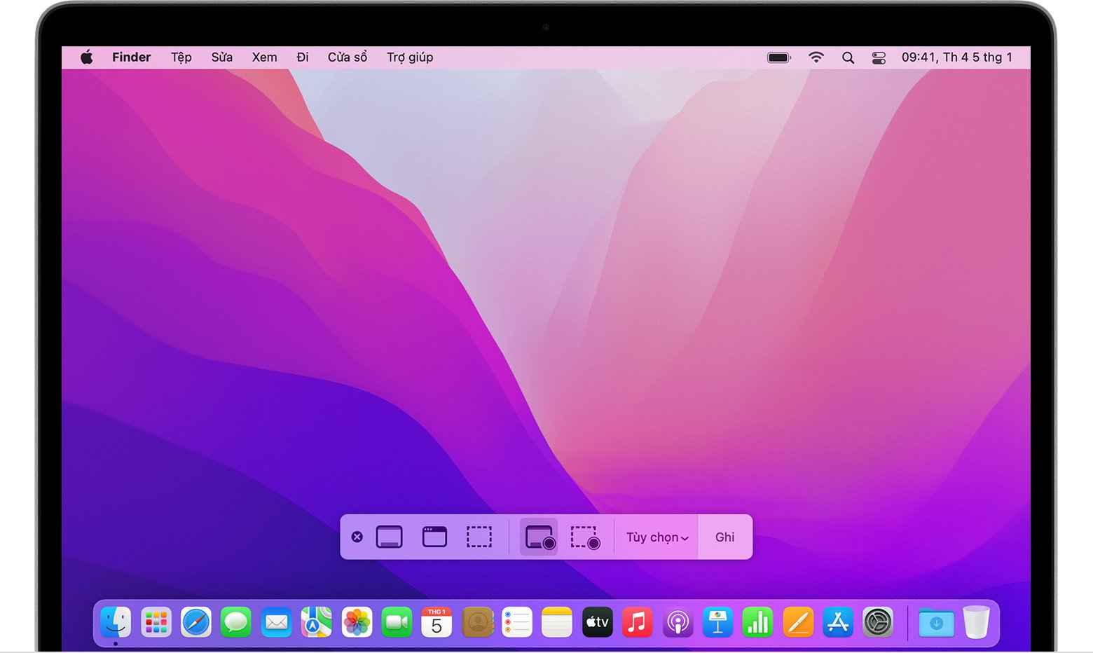 Giao diện thanh công cụ ghi hình màn hình laptop trên macOS Monterey