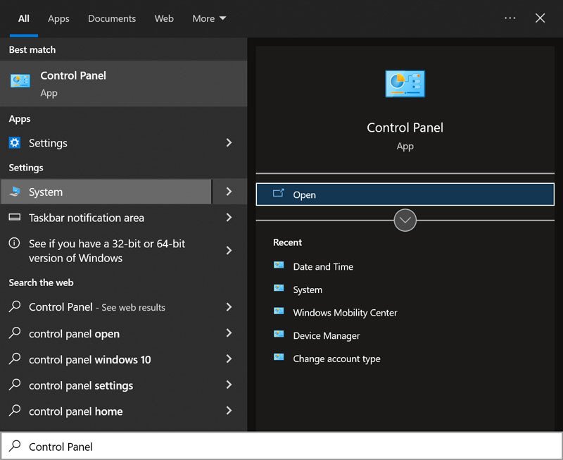Giao diện tìm kiếm Control Panel để bắt đầu quá trình chỉnh giờ trên laptop HP.