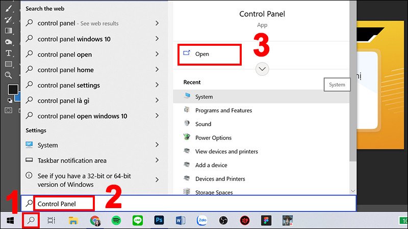 Giao diện tìm kiếm Control Panel trên thanh Taskbar của hệ điều hành Windows.