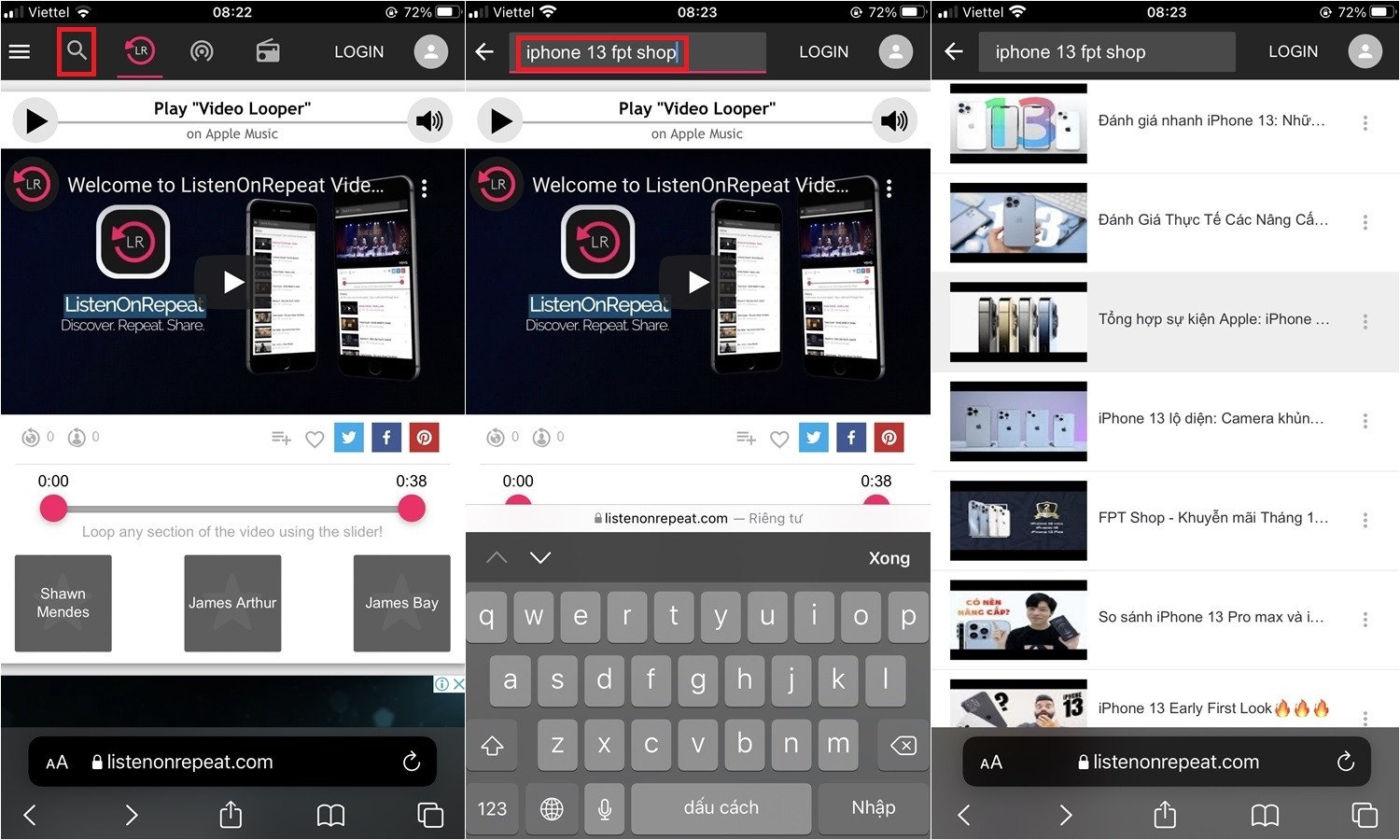 Giao diện tìm kiếm video YouTube trên website ListenOnRepeat