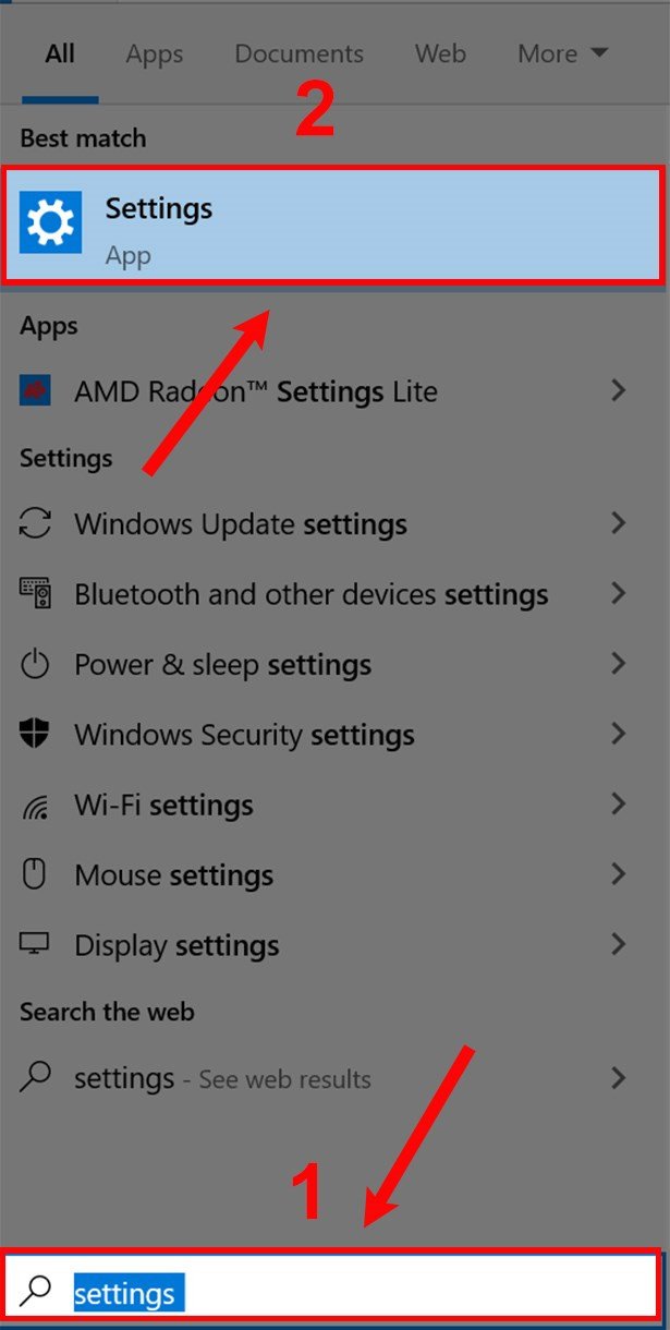 Giao diện tìm kiếm Windows với ô nhập Settings