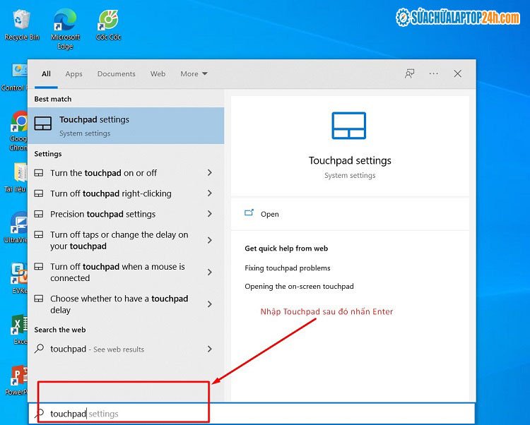 Giao diện tìm kiếm Windows với từ khóa "touchpad"