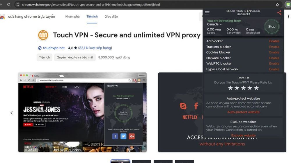 Giao diện Touch VPN với đồng hồ đếm thời gian xác nhận kết nối thành công