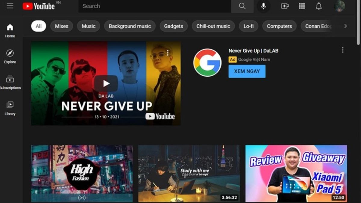 Giao diện trang chủ Youtube trên trình duyệt Chrome, sẵn sàng để cài đặt PWA