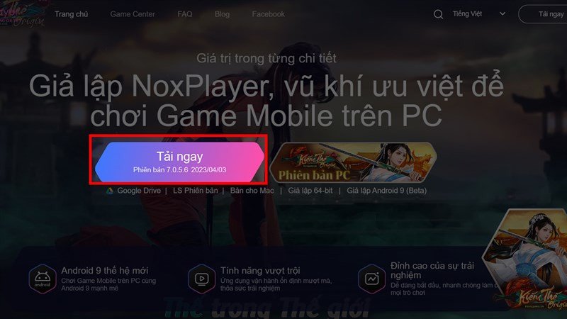Giao diện trang tải phần mềm giả lập NoxPlayer để chơi Liên Quân Mobile trên máy tính.