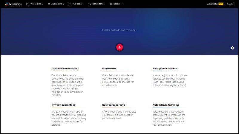 Giao diện trang web Online Voice Recorder để thu âm trực tuyến