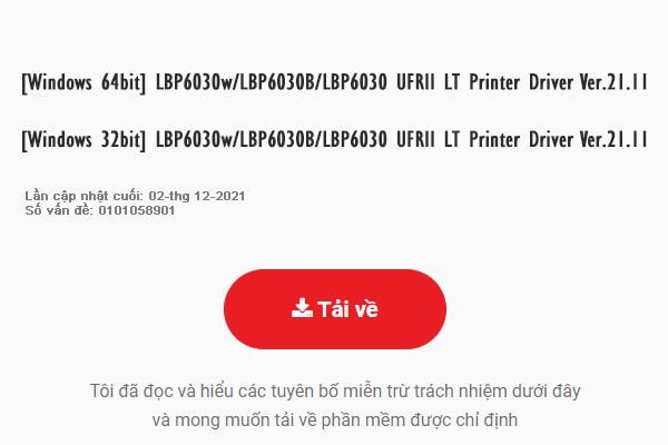 Giao diện trang web tải driver máy in Canon LBP 6030 chính thức