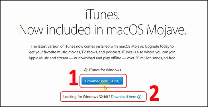 Giao diện trang web tải iTunes trên máy tính, hiển thị lựa chọn phiên bản 32-bit hoặc 64-bit để kết nối iPhone với laptop.