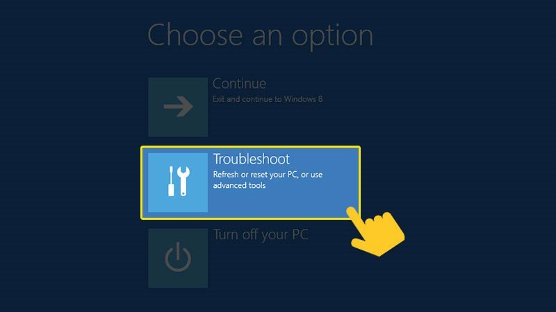 Giao diện Troubleshoot để xử lý vấn đề và khôi phục cài đặt gốc