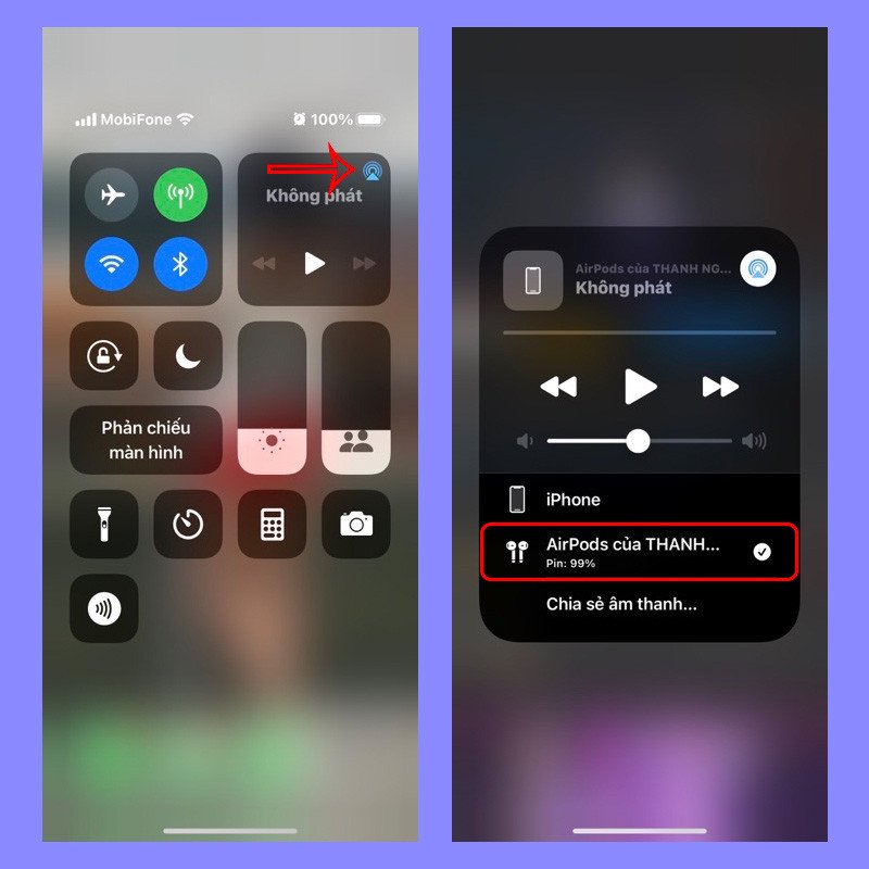 Giao diện Trung tâm điều khiển trên iPhone hiển thị tùy chọn chia sẻ âm thanh cho hai tai nghe Bluetooth