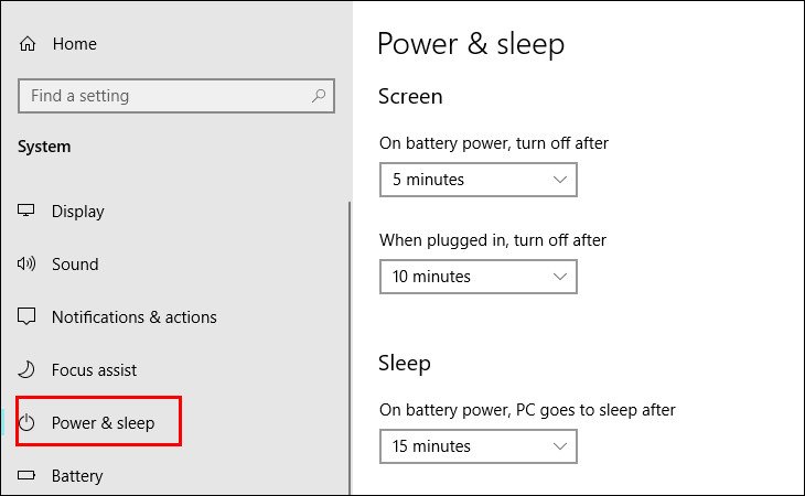 Giao diện tùy chỉnh cài đặt Power &amp; Sleep (Nguồn &amp; Ngủ) để quản lý hiệu quả pin laptop.