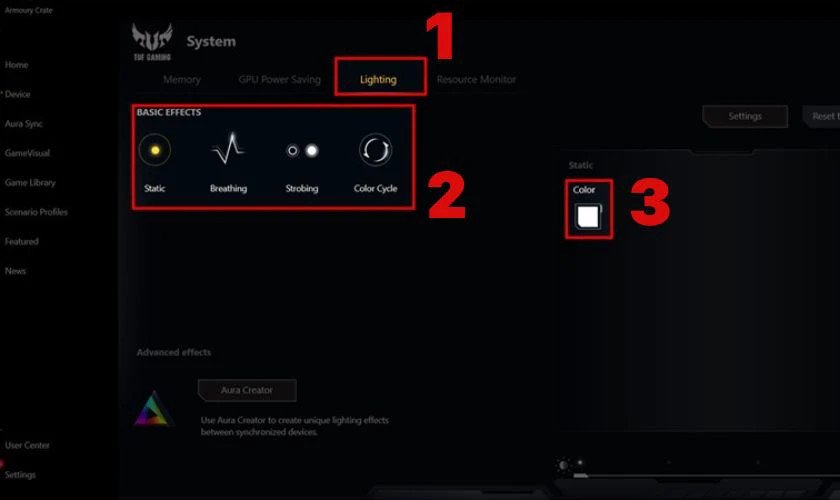 Giao diện tùy chỉnh 'Lighting' và 'Basic Effects' trong Armory Crate, cho phép chọn kiểu và màu đèn bàn phím.