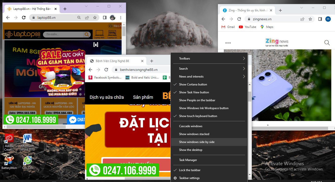Giao diện tùy chọn hiển thị trên Windows khi chia màn hình