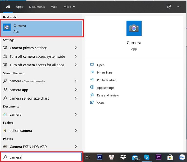 Giao diện ứng dụng Camera trên Windows 10 để kiểm tra webcam