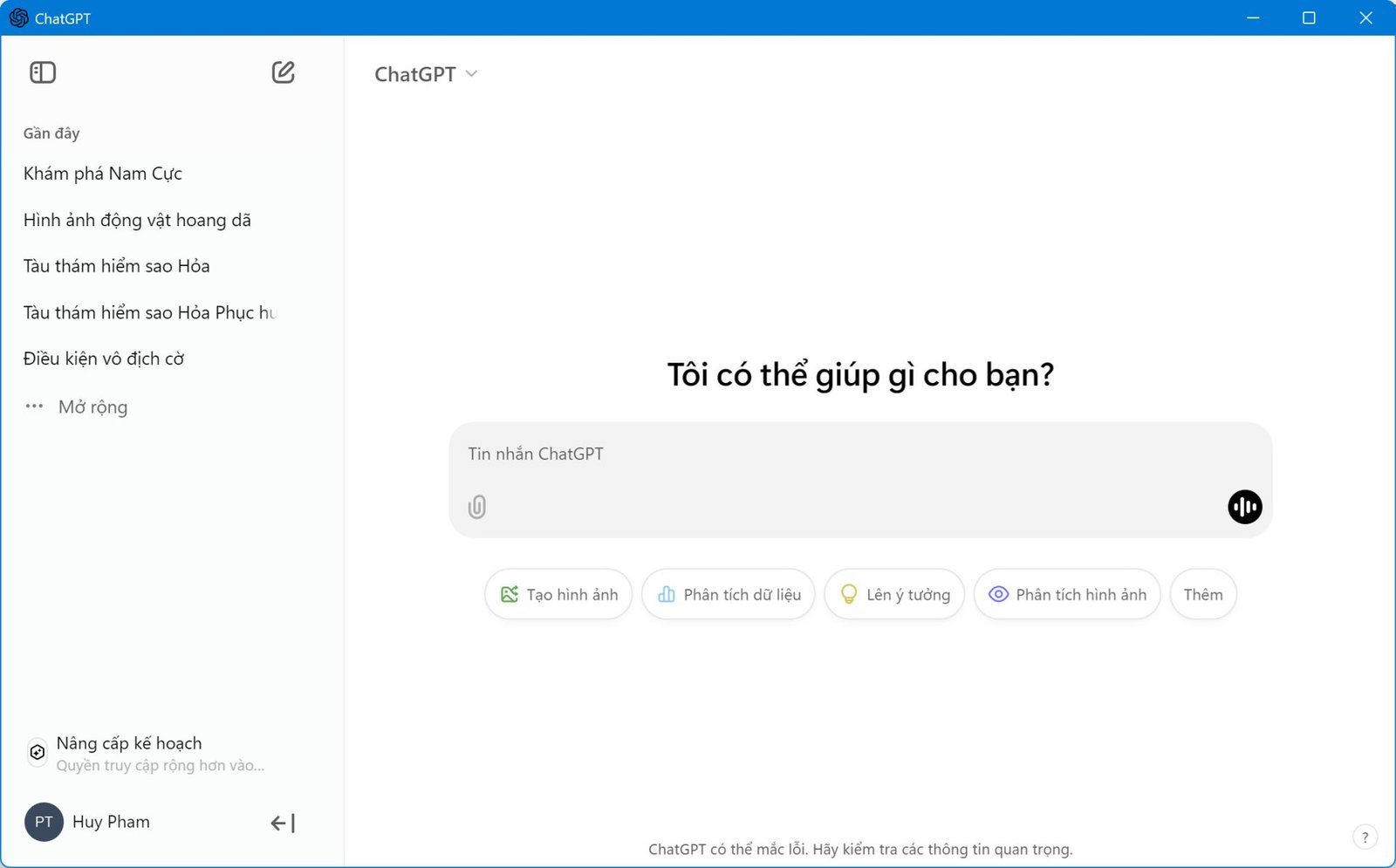 Giao diện ứng dụng ChatGPT trên Windows