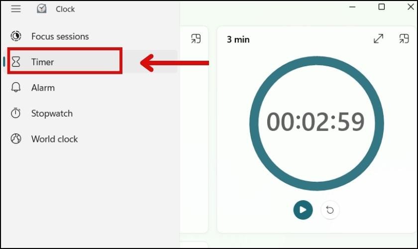 Giao diện ứng dụng Clock với tùy chọn Timer cho đồng hồ bấm giờ trên laptop