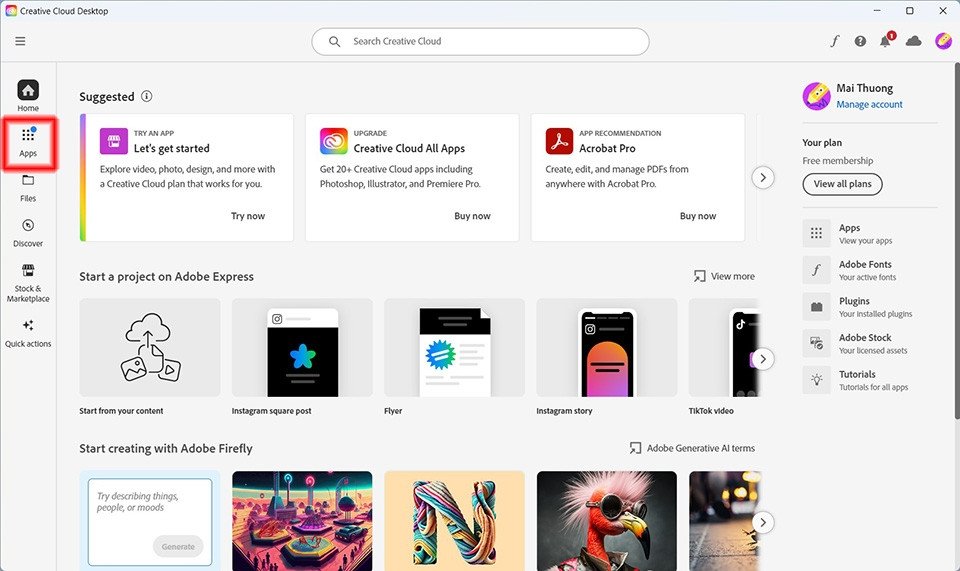 Giao diện ứng dụng Creative Cloud Desktop hiển thị danh sách các phần mềm Adobe