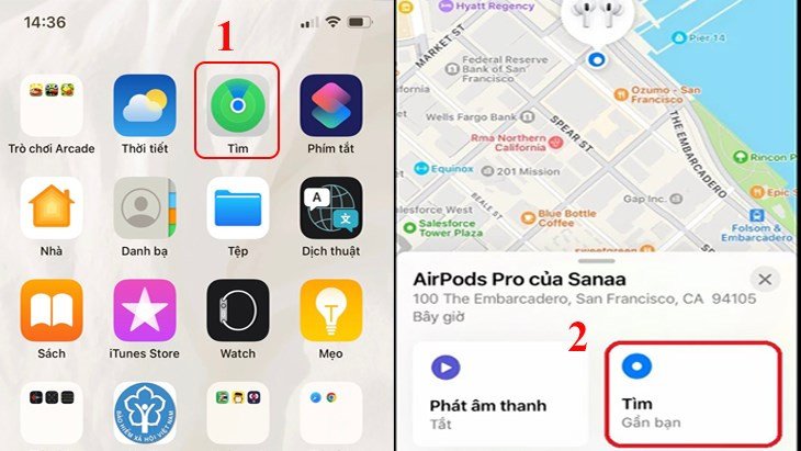 Giao diện ứng dụng Find My trên iPhone để định vị tai nghe AirPods