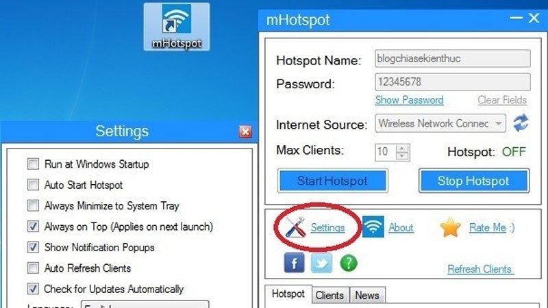 Giao diện ứng dụng MHotspot để phát wifi từ laptop