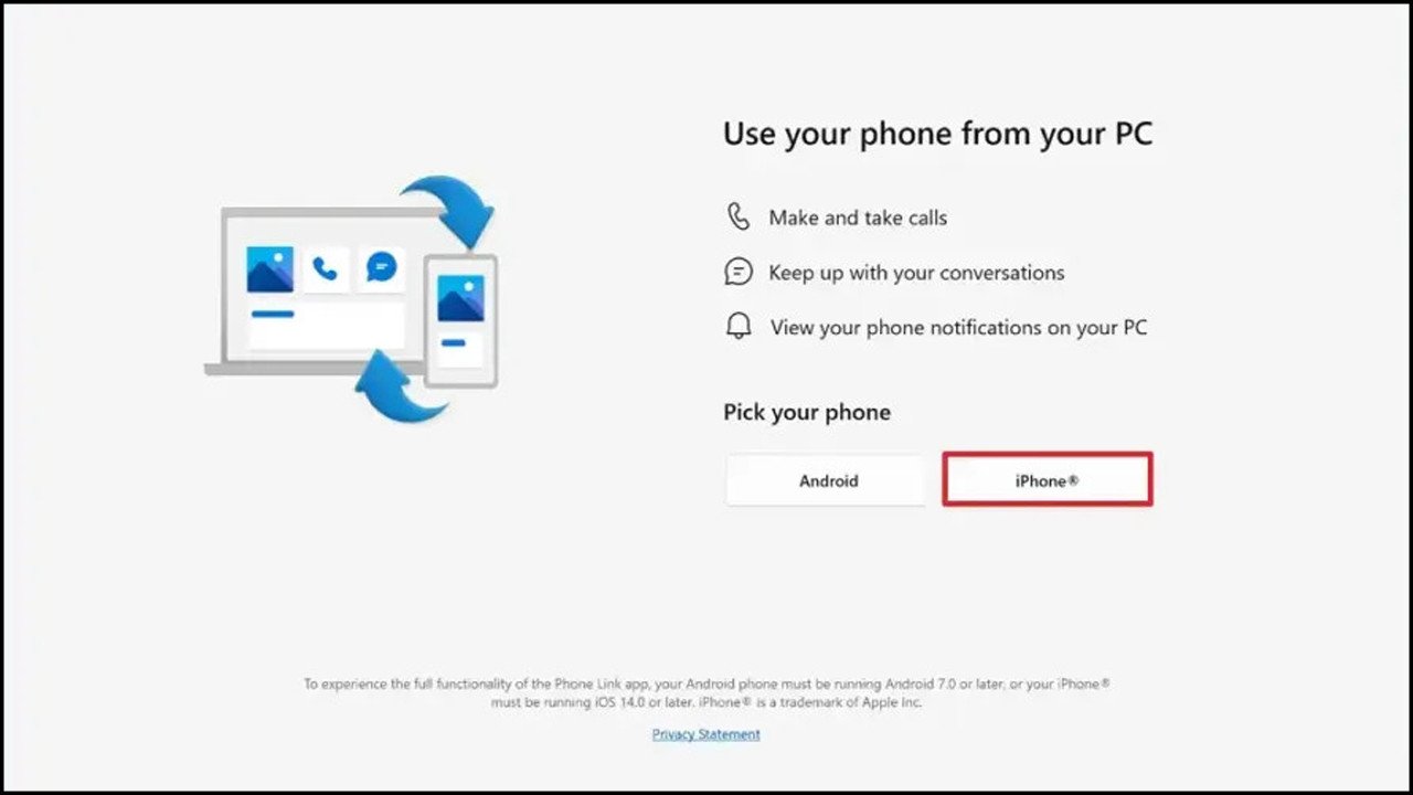 Giao diện ứng dụng Phone Link trên máy tính Windows 11, hiển thị tùy chọn kết nối iPhone