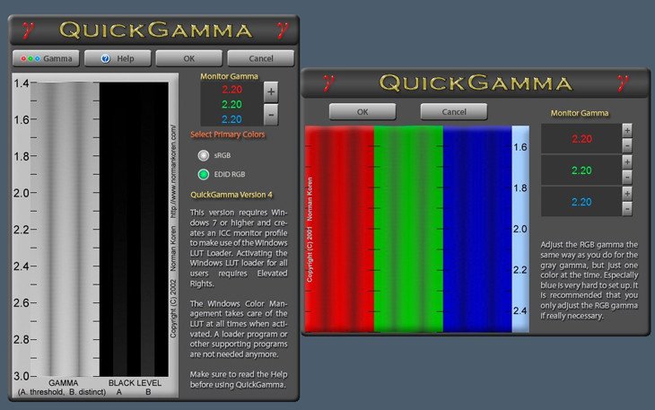 Giao diện ứng dụng QuickGamma hỗ trợ chỉnh màu màn hình laptop