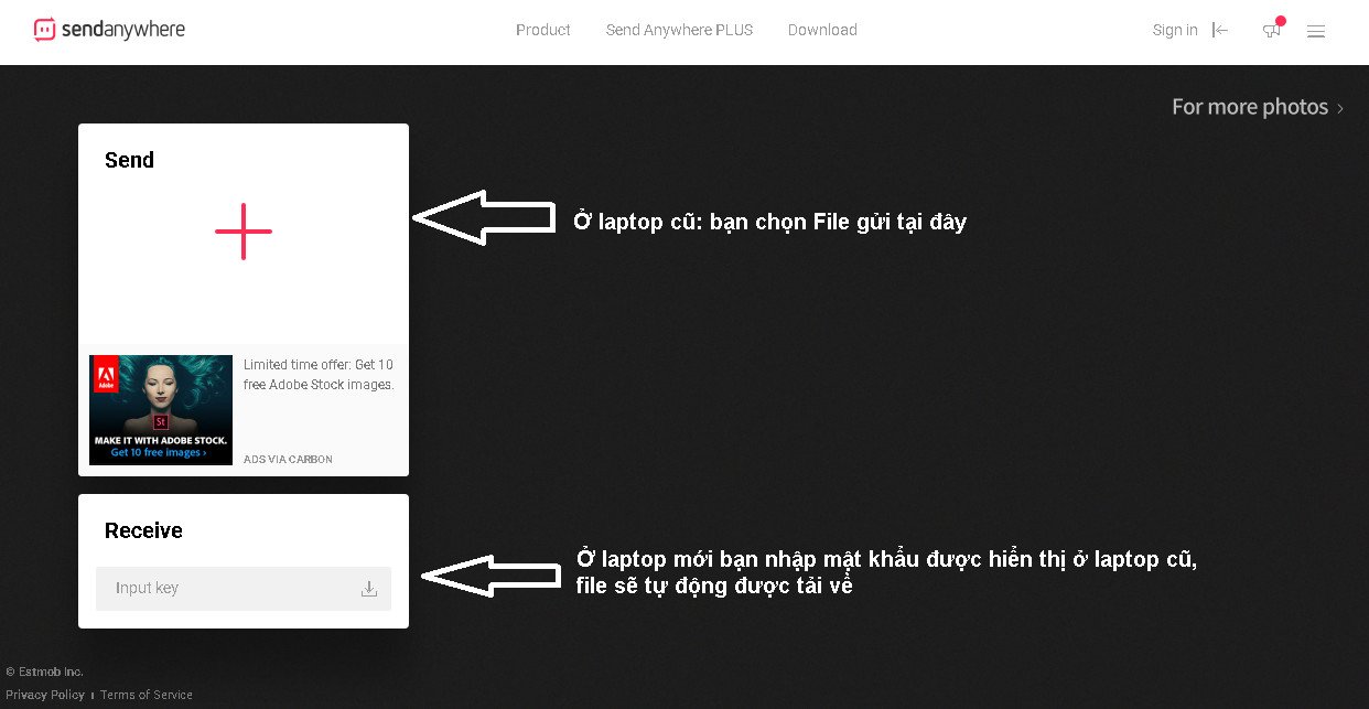Giao diện ứng dụng Send Anywhere hỗ trợ truyền dữ liệu không dây