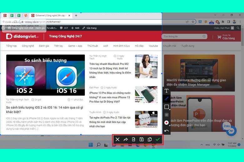 Giao diện ứng dụng Snipping Tool đang chọn vùng chụp hình chữ nhật trên màn hình