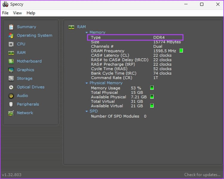 Giao diện ứng dụng Speccy hiển thị đầy đủ thông số RAM của laptop