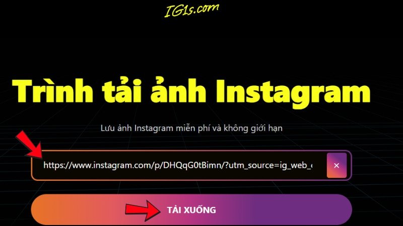 Giao diện website IG1S để dán liên kết và tải ảnh làm hình nền laptop từ Instagram.