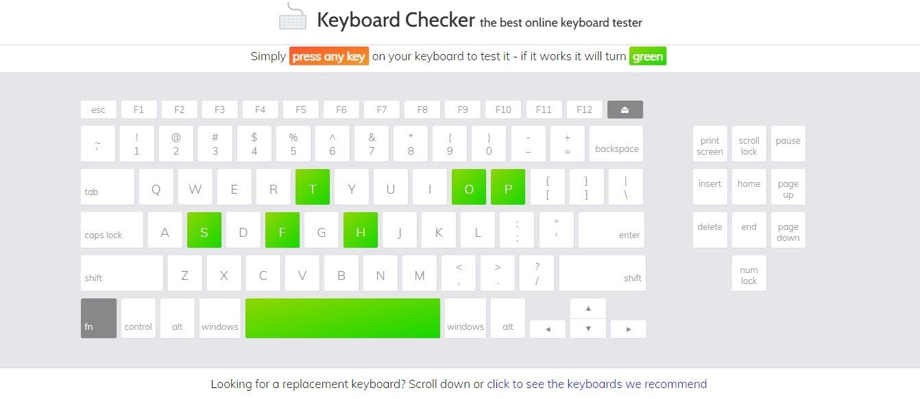 Giao diện website Keyboardchecker.com hiển thị bàn phím ảo để kiểm tra