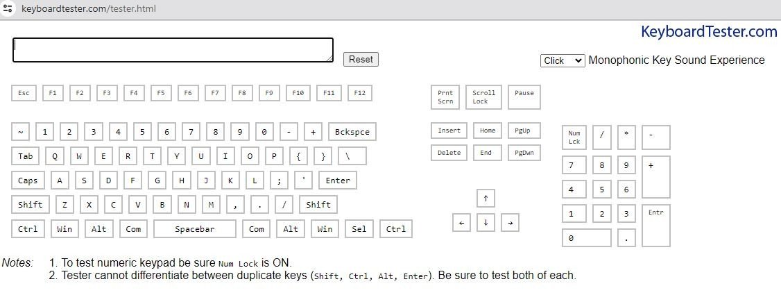 Giao diện website Keyboardtester.com với bàn phím ảo đang được kiểm tra
