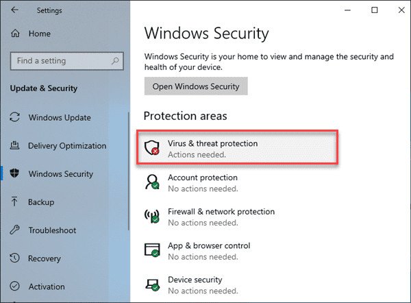 Giao diện Windows Security hiển thị mục Virus &amp; threat protection