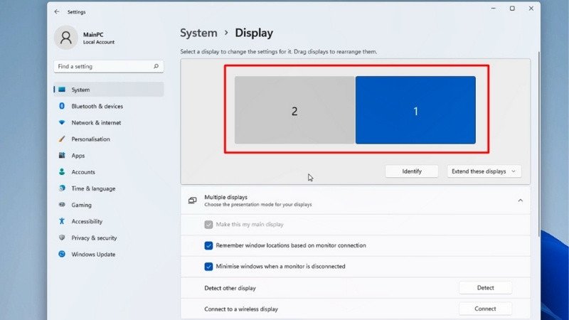 Giao diện xác định và chọn màn hình chính trong Windows 11, với tùy chọn "Make this my main display"