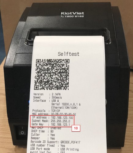 Giấy in hiển thị địa chỉ IP hiện tại của máy in nhiệt sau khi kiểm tra