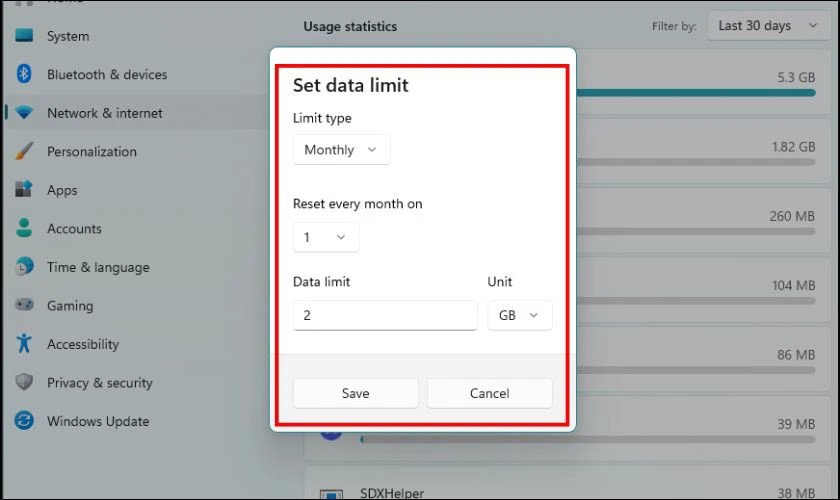 Giới hạn dữ liệu sử dụng cho Wi-Fi trên Windows 11