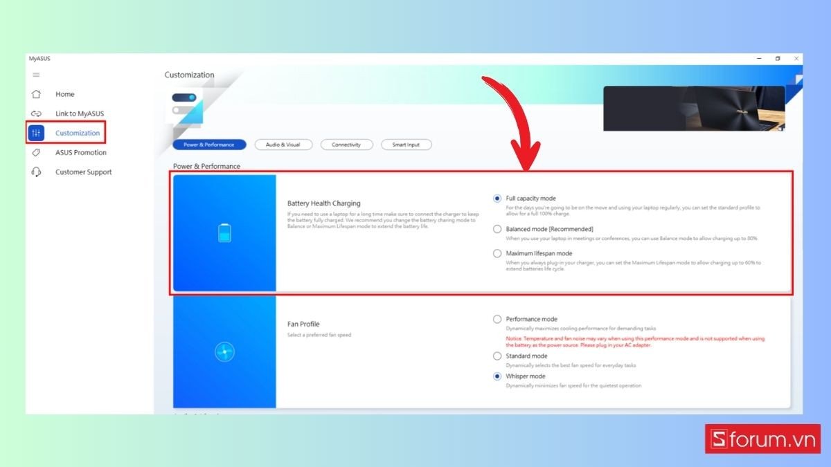 Giới hạn sạc pin laptop Win 11 hãng ASUS bước 1