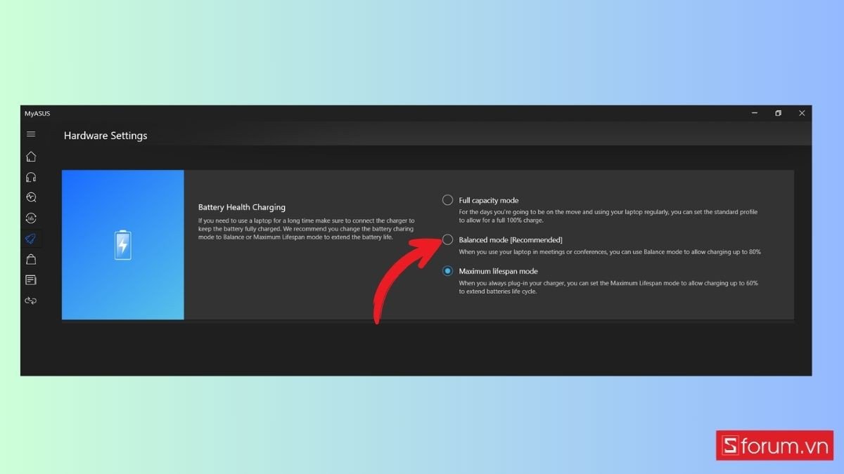Giới hạn sạc pin laptop Win 11 hãng ASUS bước 2