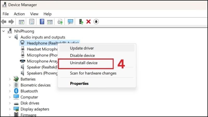 Gỡ bỏ driver âm thanh bị lỗi (Uninstall Device) để cài đặt lại