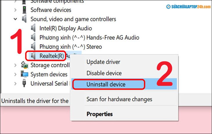gỡ cài đặt driver âm thanh để khắc phục lỗi laptop không kết nối được tai nghe bluetooth