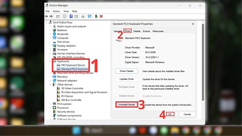 Gỡ cài đặt driver bàn phím laptop trong Device Manager để khắc phục lỗi