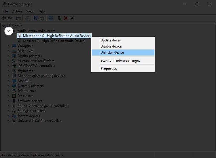 Gỡ cài đặt driver Microphone qua Device Manager